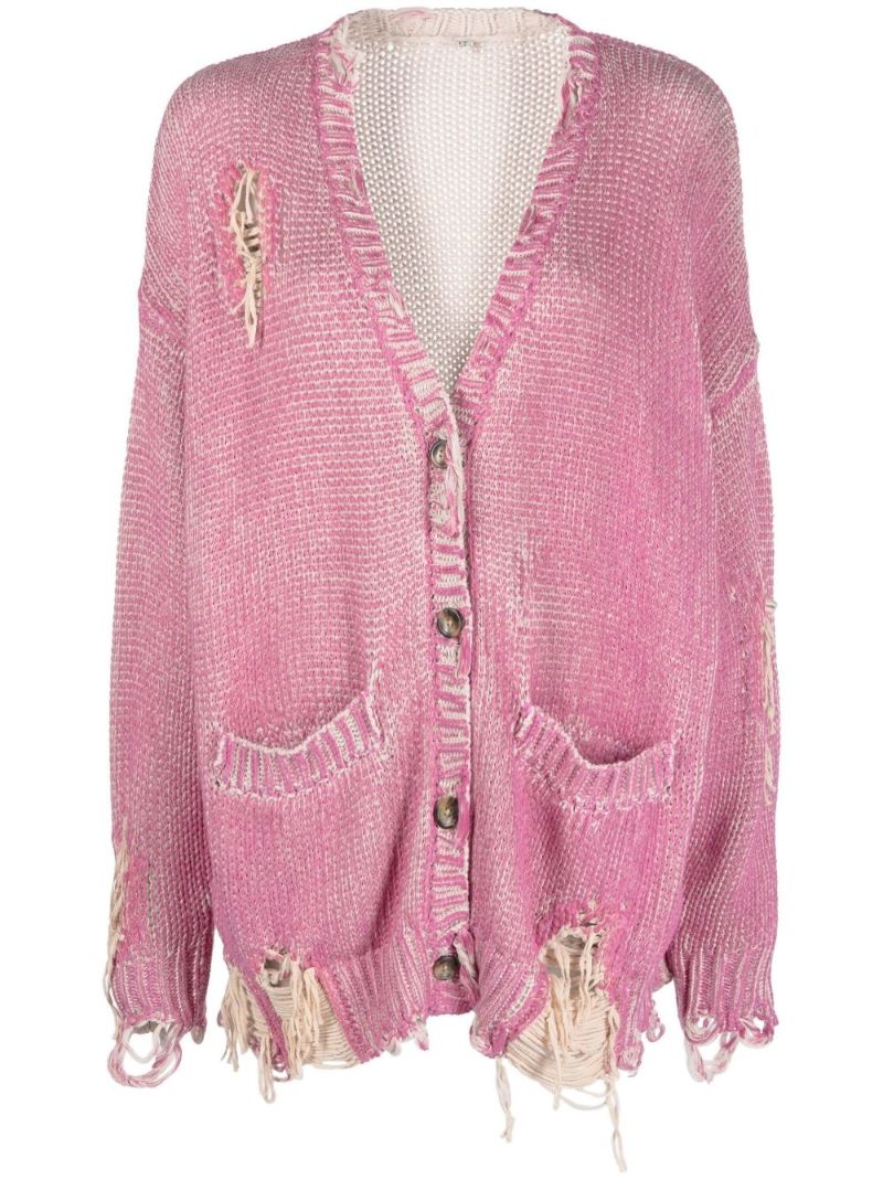 Pink Distressed V-neck Cardigan