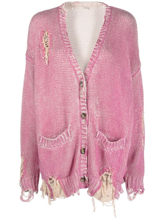Pink Distressed V-neck Cardigan