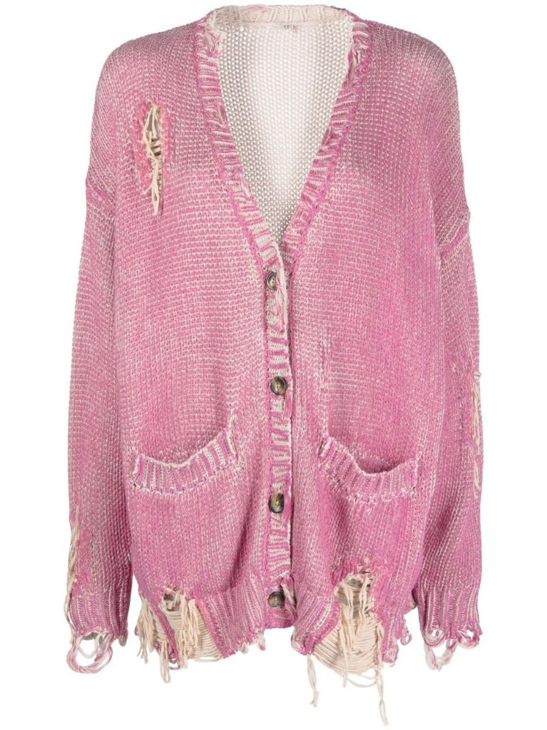 Pink Distressed V-neck Cardigan