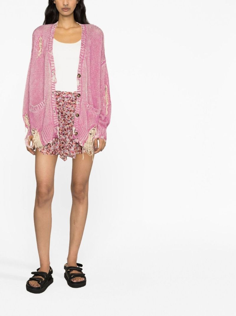 Pink Distressed V-neck Cardigan