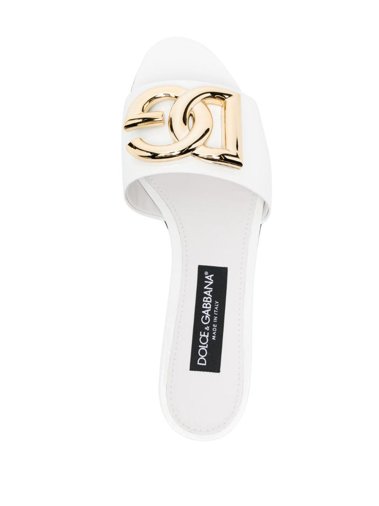 White Dg Logo-plaque Leather Flat Sandals