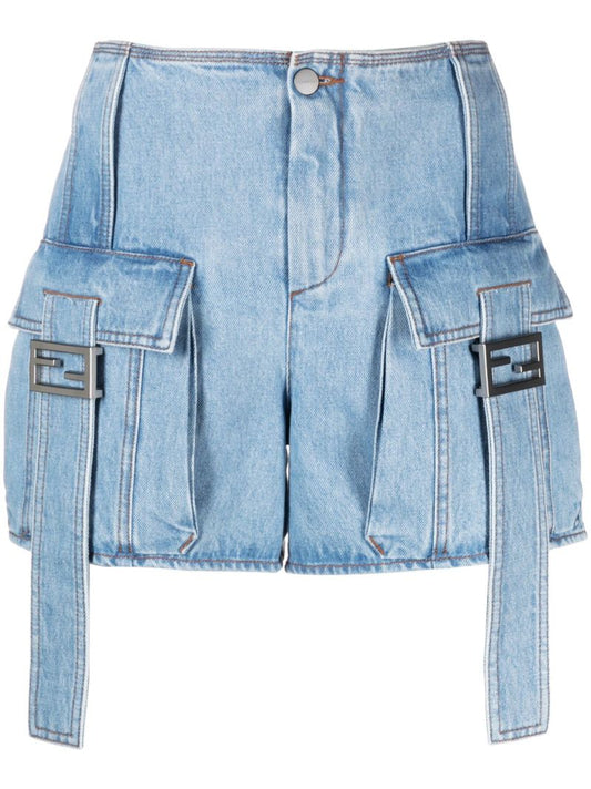 Blue Ff Plaque Denim Shorts