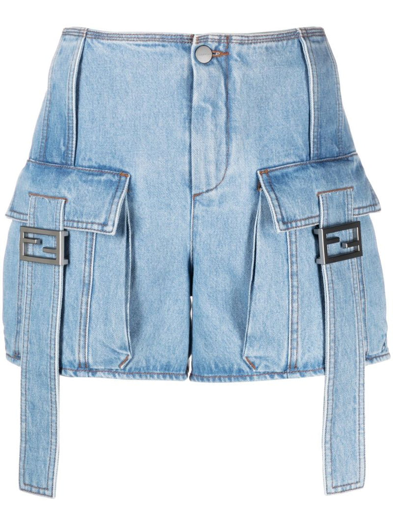 Blue Ff Plaque Denim Shorts