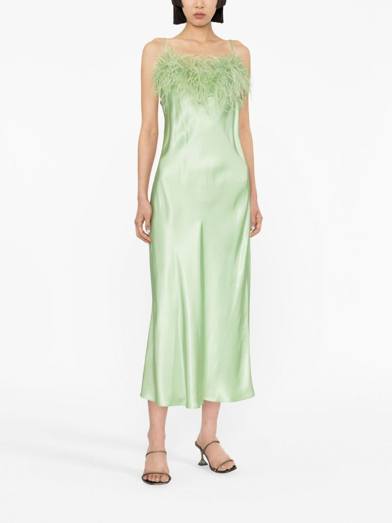 Green Boheme Feather Trim Slip Dress