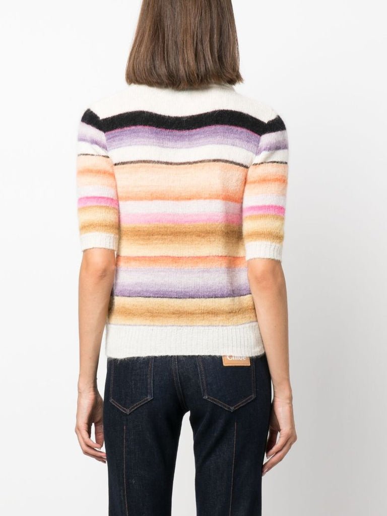 White Striped Knitted Polo Top