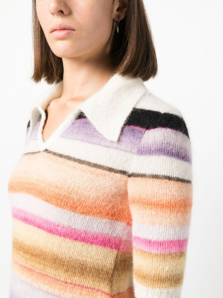 White Striped Knitted Polo Top