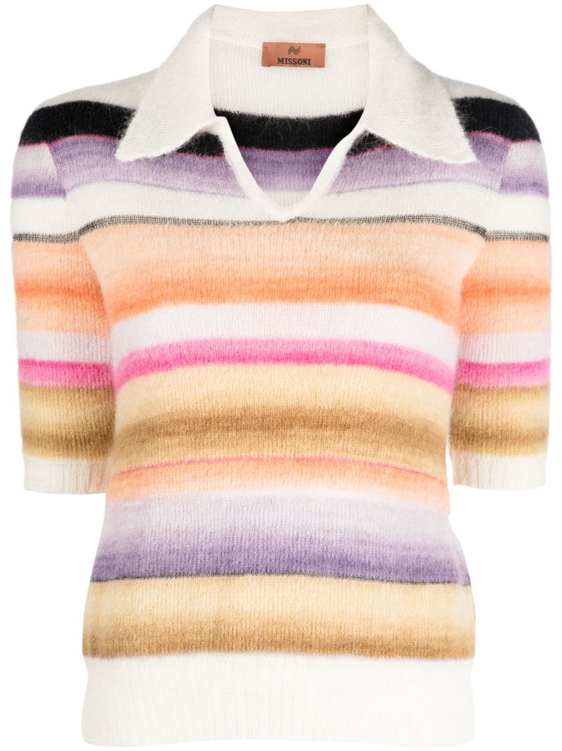 White Striped Knitted Polo Top