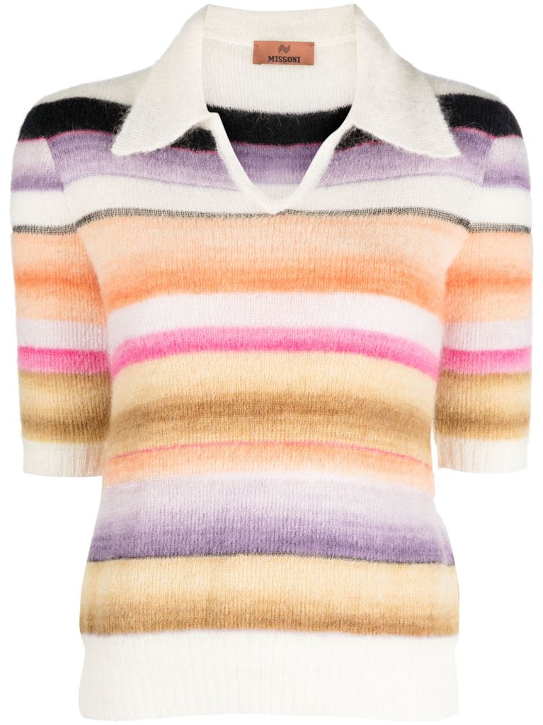 White Striped Knitted Polo Top