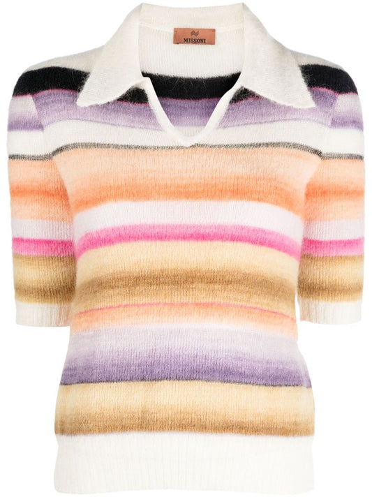 White Striped Knitted Polo Top