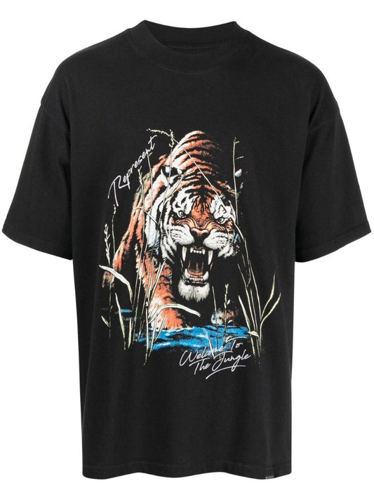 Black Cotton Tiger Print T-shirt