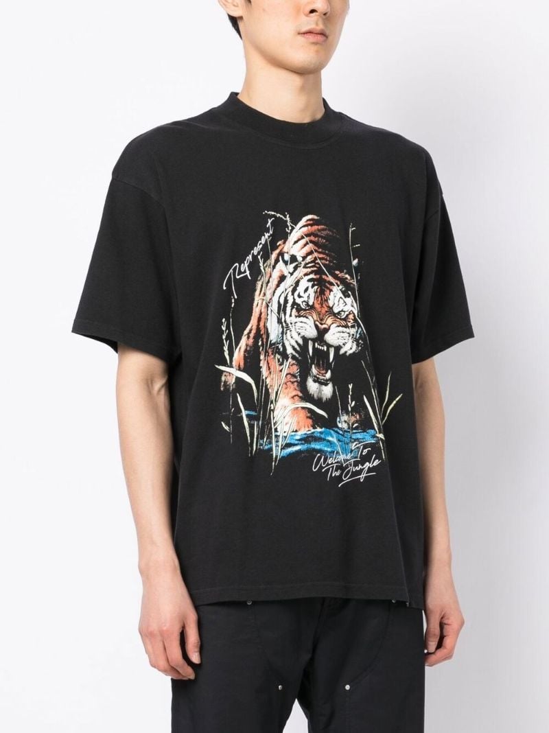 Black Cotton Tiger Print T-shirt