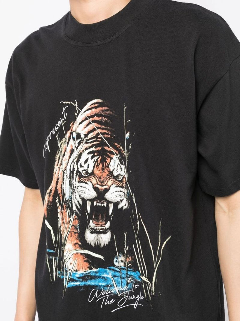 Black Cotton Tiger Print T-shirt