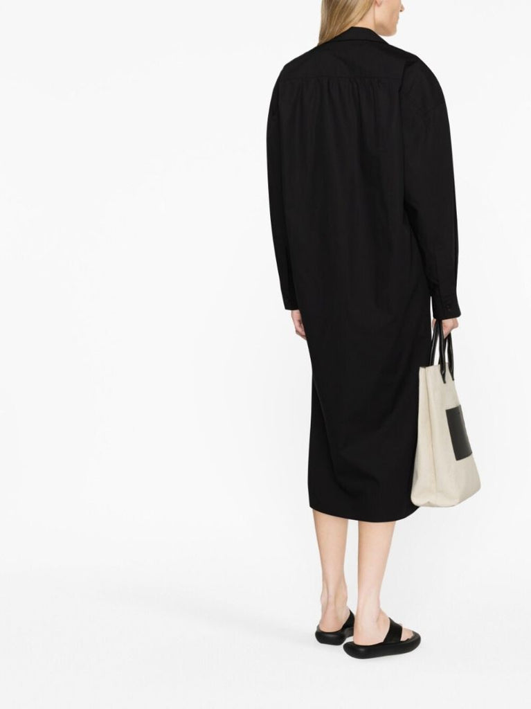 Black Draped Cotton Shirt Dress