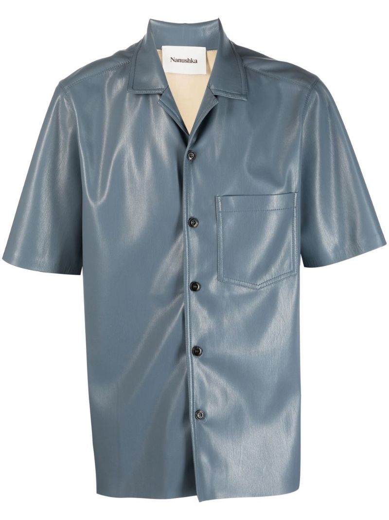 Blue Short-sleeved Faux Leather Shirt