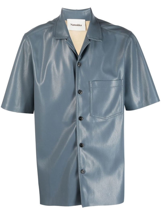 Blue Short-sleeved Faux Leather Shirt