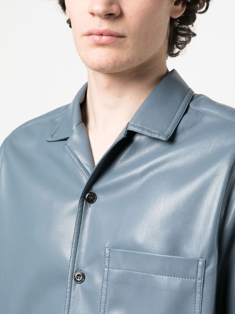 Blue Short-sleeved Faux Leather Shirt