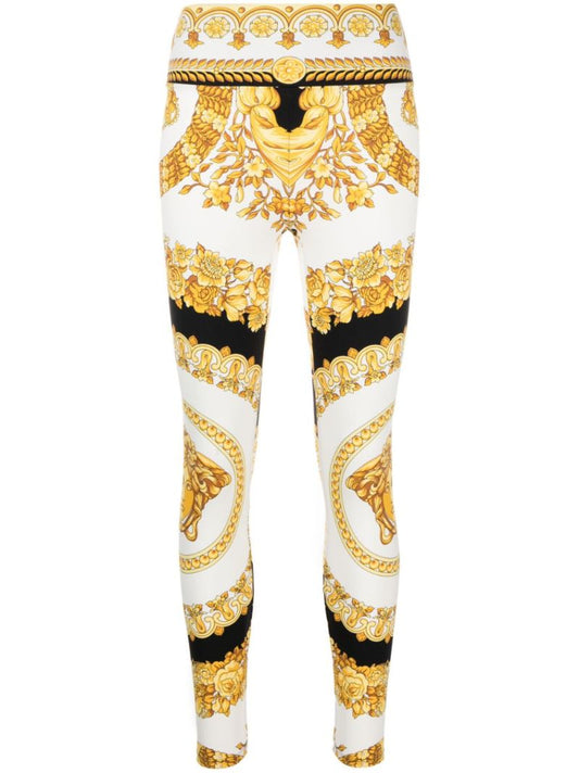 White Barocco Print Leggings