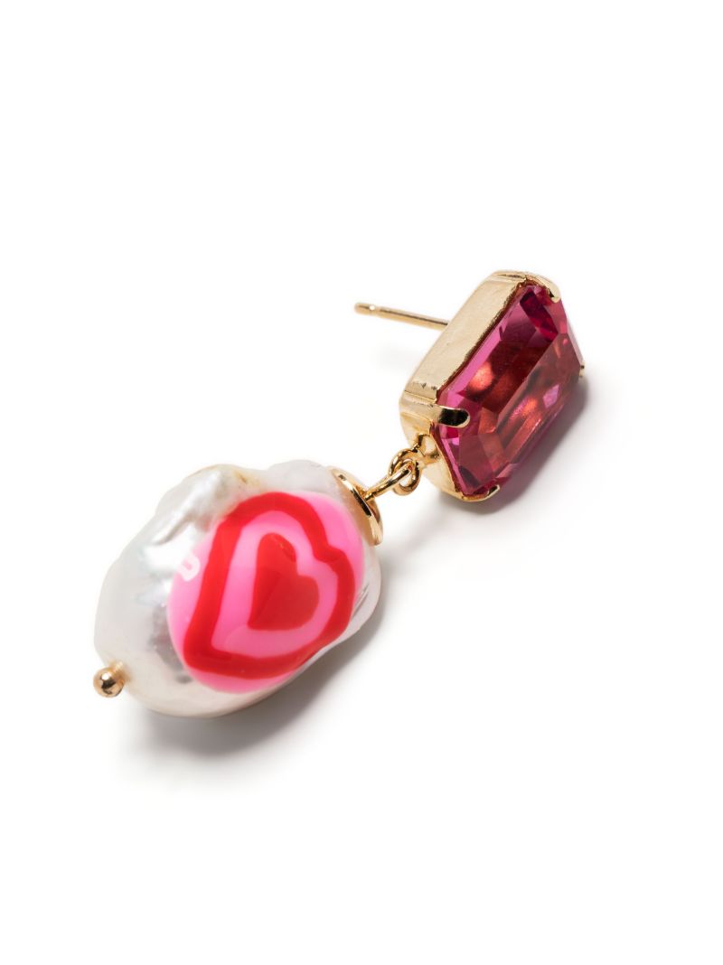 Gold-tone Heart Pearl and Crystal Drop Earrings