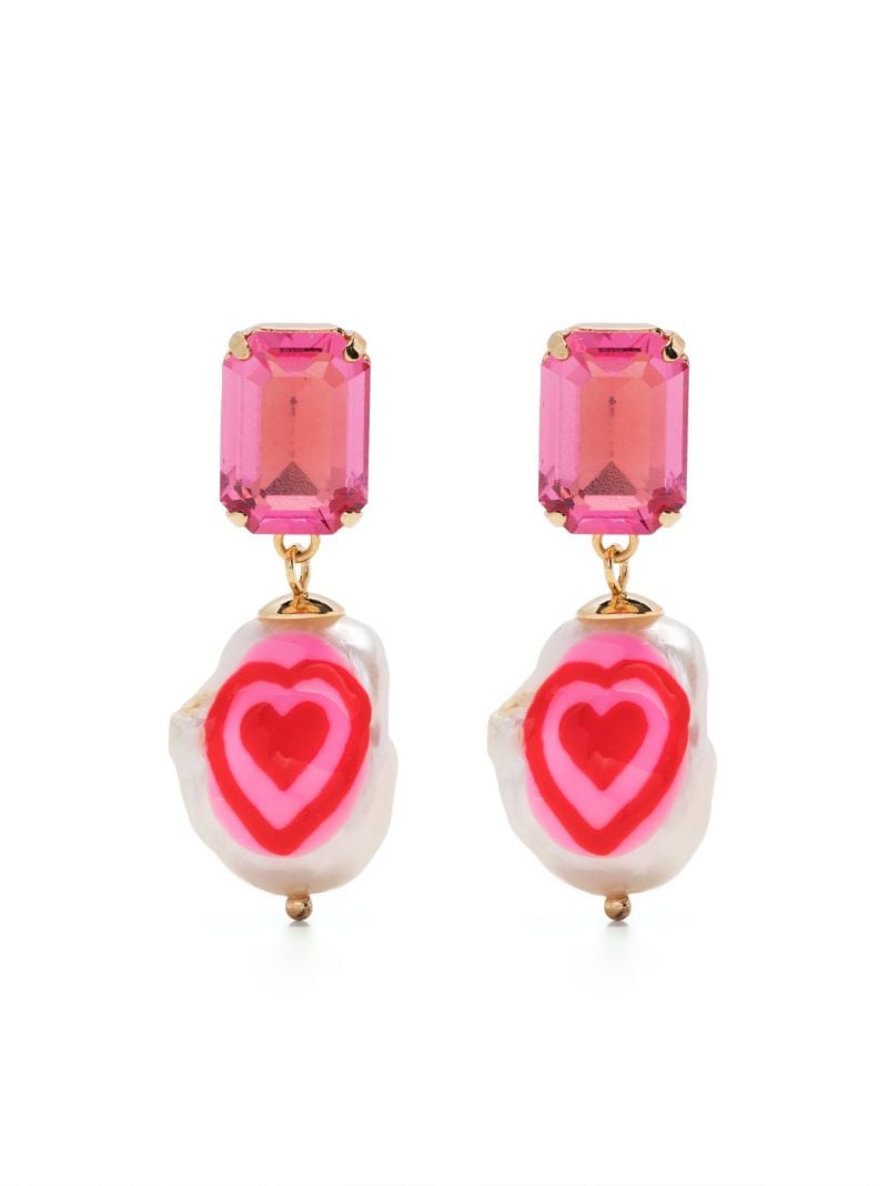 Gold-tone Heart Pearl and Crystal Drop Earrings