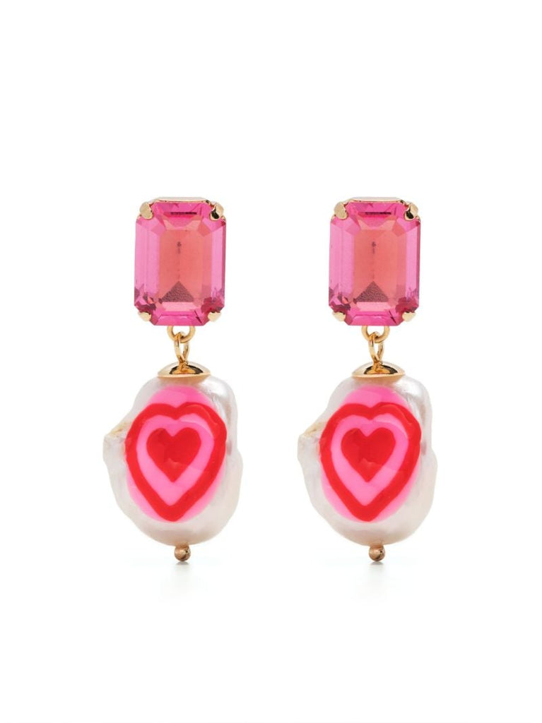 Gold-tone Heart Pearl and Crystal Drop Earrings