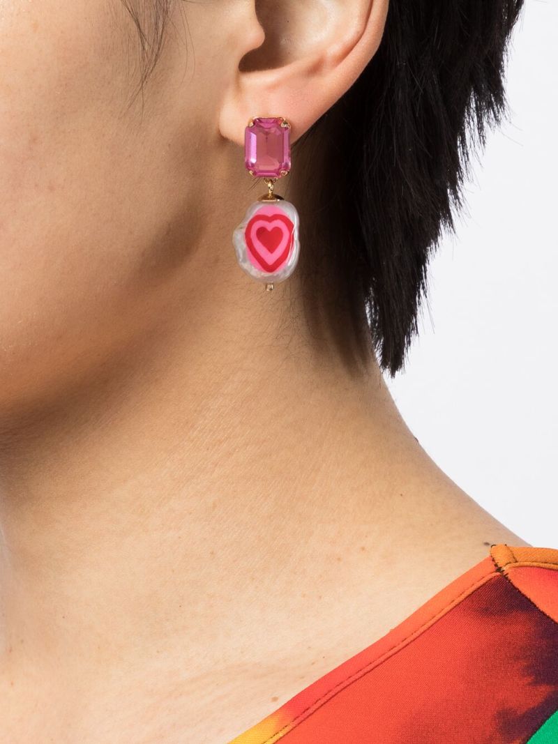 Gold-tone Heart Pearl and Crystal Drop Earrings