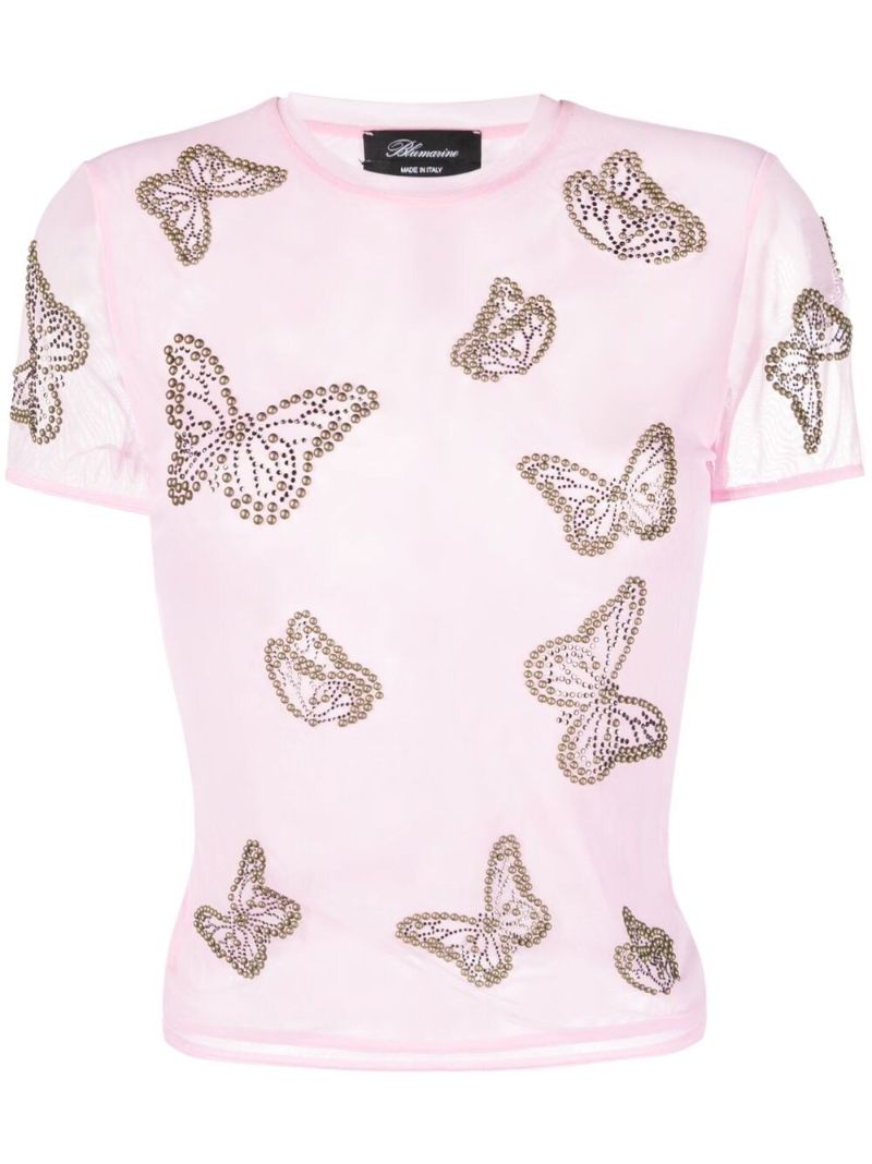 Pink Butterfly-studded Semi-sheer T-shirt
