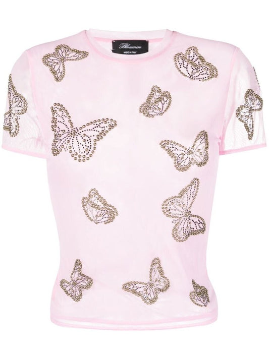 Pink Butterfly-studded Semi-sheer T-shirt