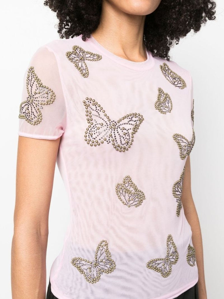Pink Butterfly-studded Semi-sheer T-shirt