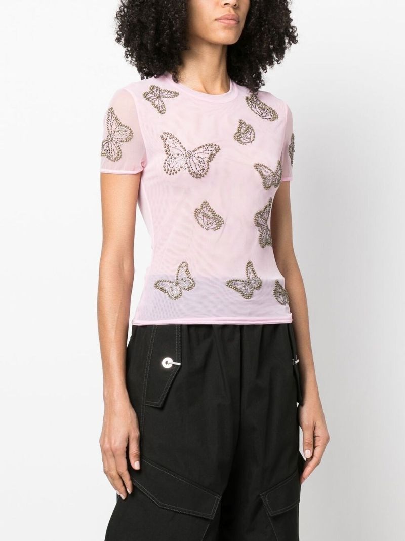 Pink Butterfly-studded Semi-sheer T-shirt