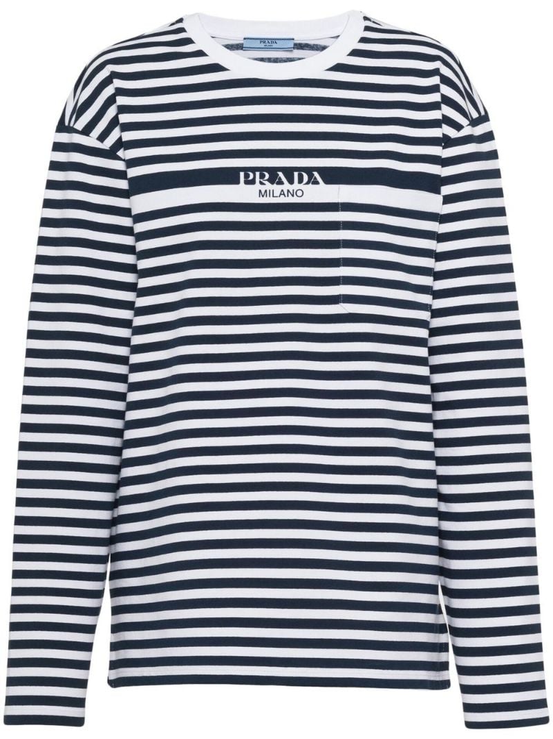Blue and White Striped Logo Print Top