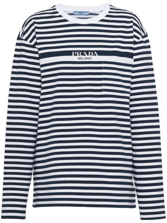 Blue and White Striped Logo Print Top
