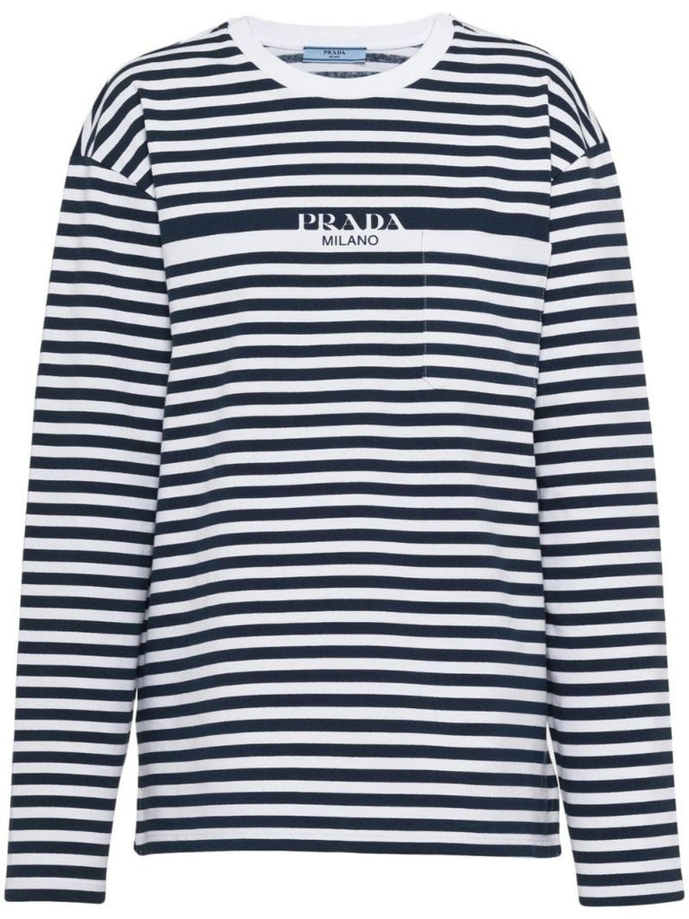 Blue and White Striped Logo Print Top