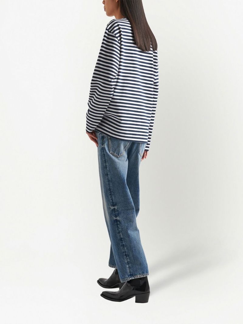 Blue and White Striped Logo Print Top