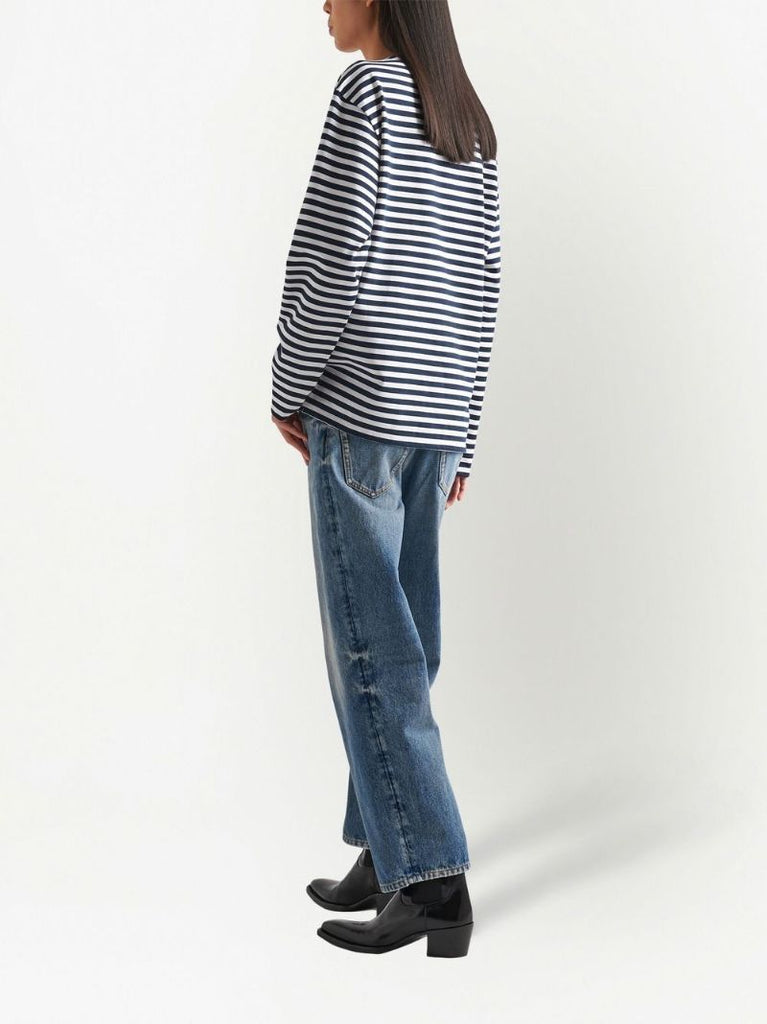 Blue and White Striped Logo Print Top