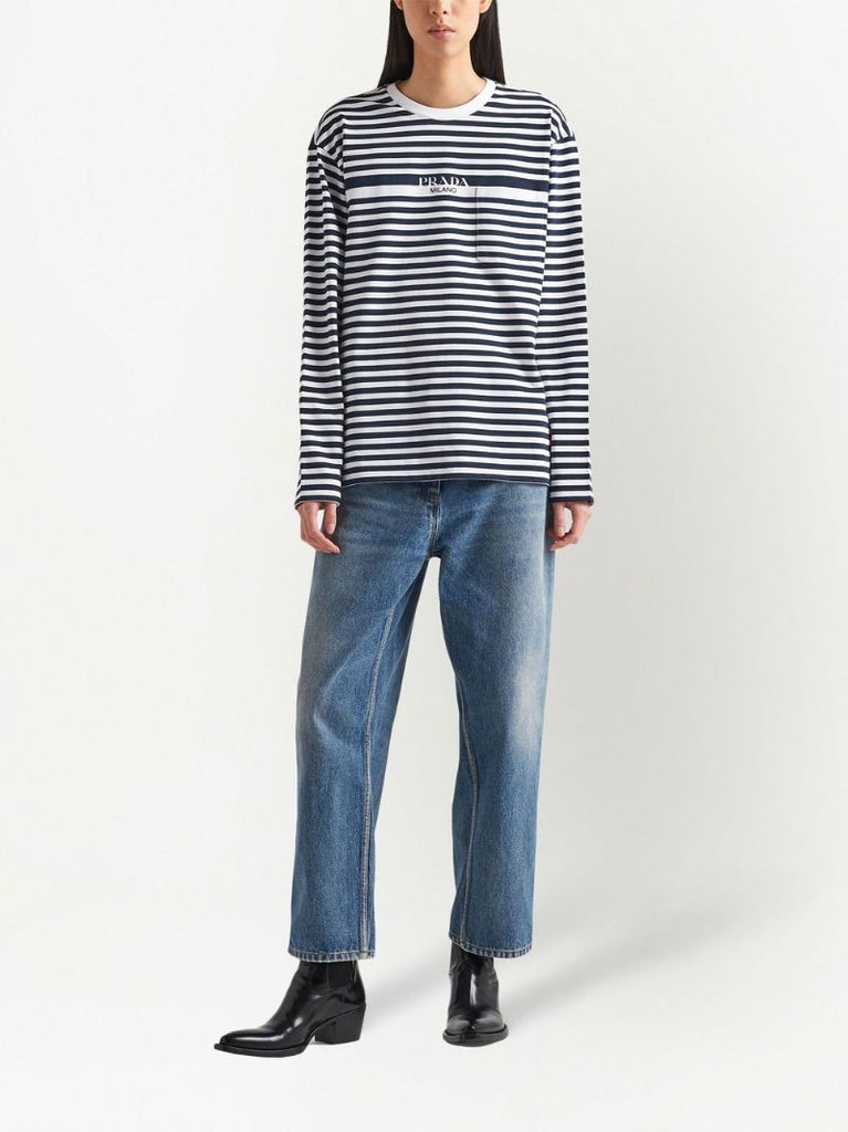 Blue and White Striped Logo Print Top