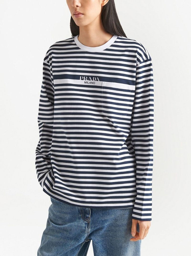 Blue and White Striped Logo Print Top