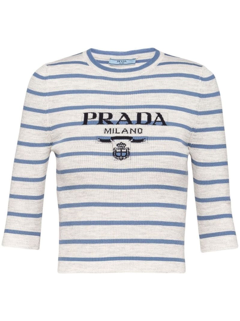 Grey Logo Intarsia Ribbed Knit Top