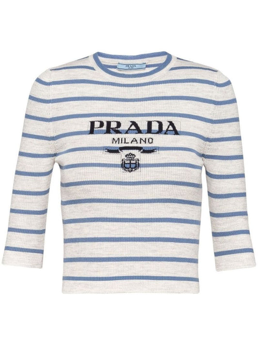 Grey Logo Intarsia Ribbed Knit Top