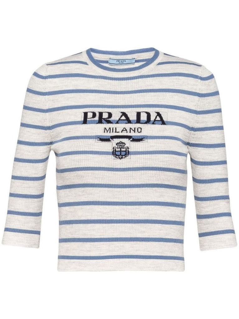 Grey Logo Intarsia Ribbed Knit Top
