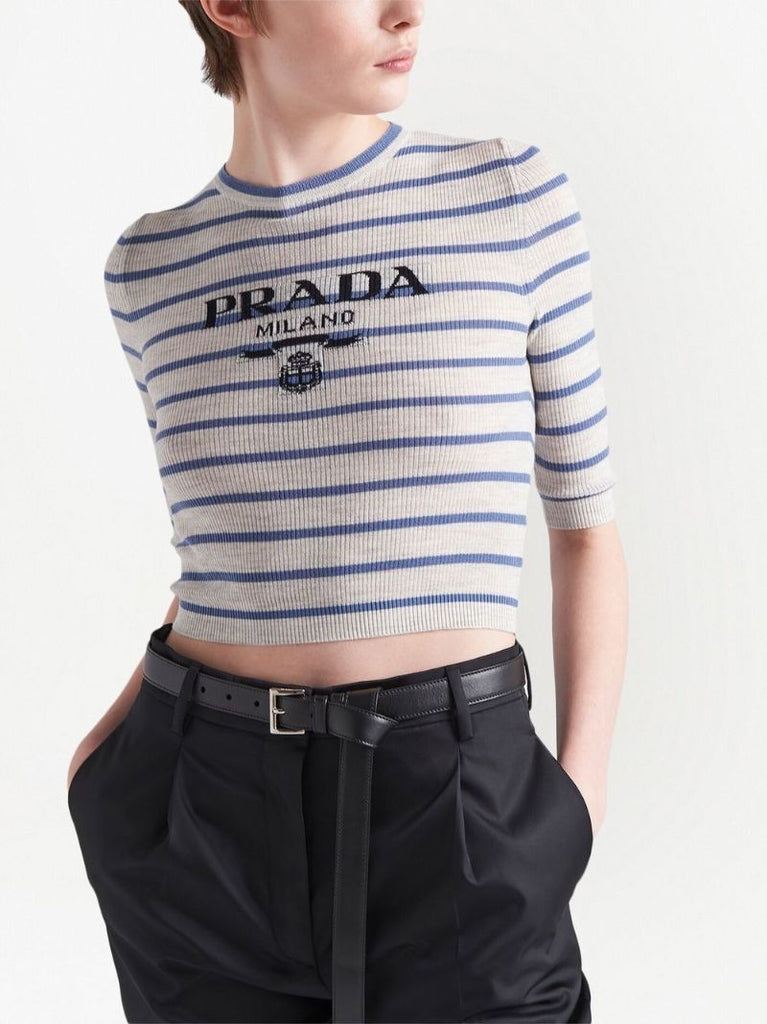 Grey Logo Intarsia Ribbed Knit Top