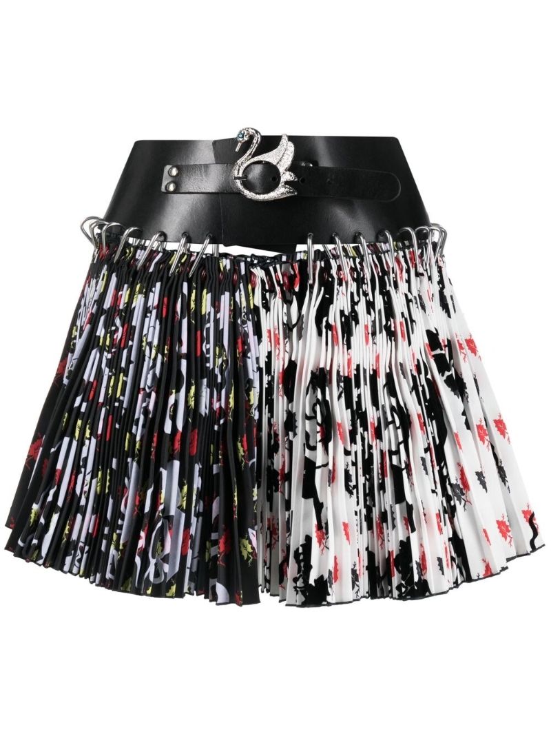 Black Leaf Print Pleated Mini Skirt