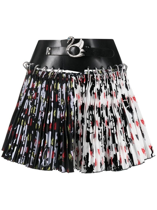 Black Leaf Print Pleated Mini Skirt