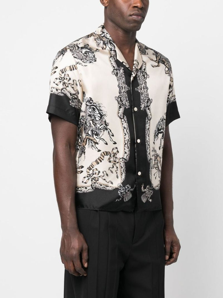 White and Black Graphic Print Bowling Shirt