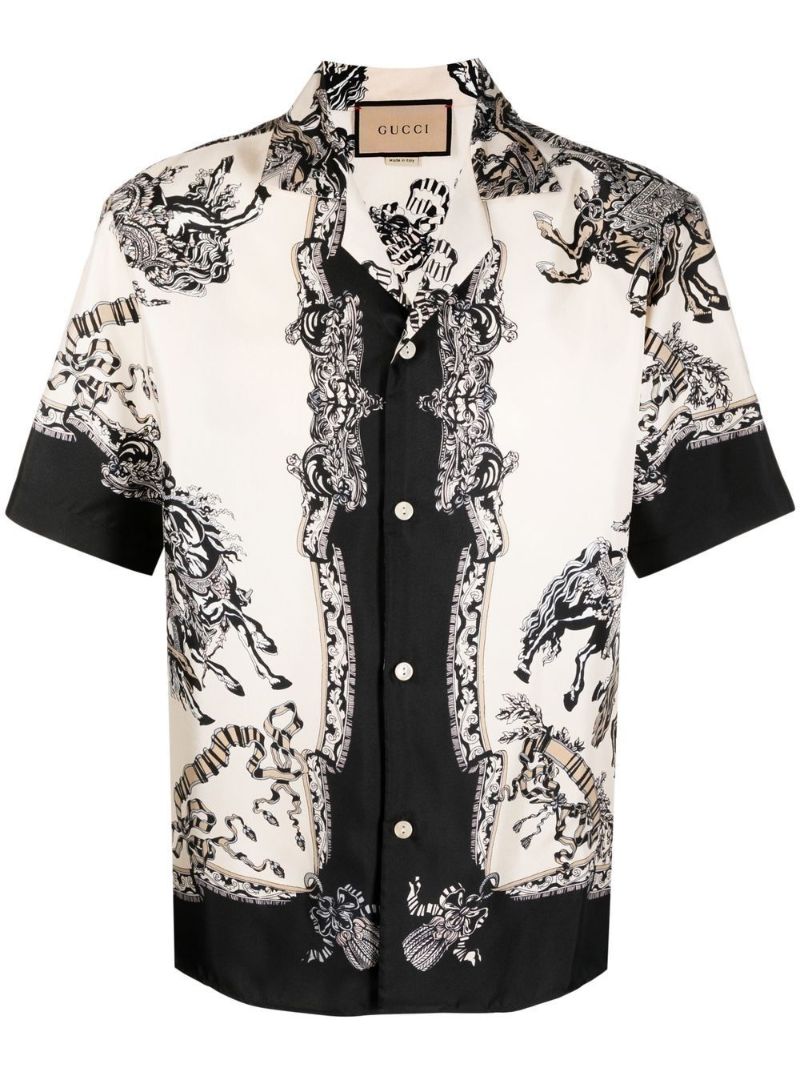 White and Black Graphic Print Bowling Shirt