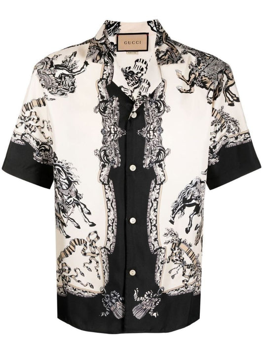 White and Black Graphic Print Bowling Shirt