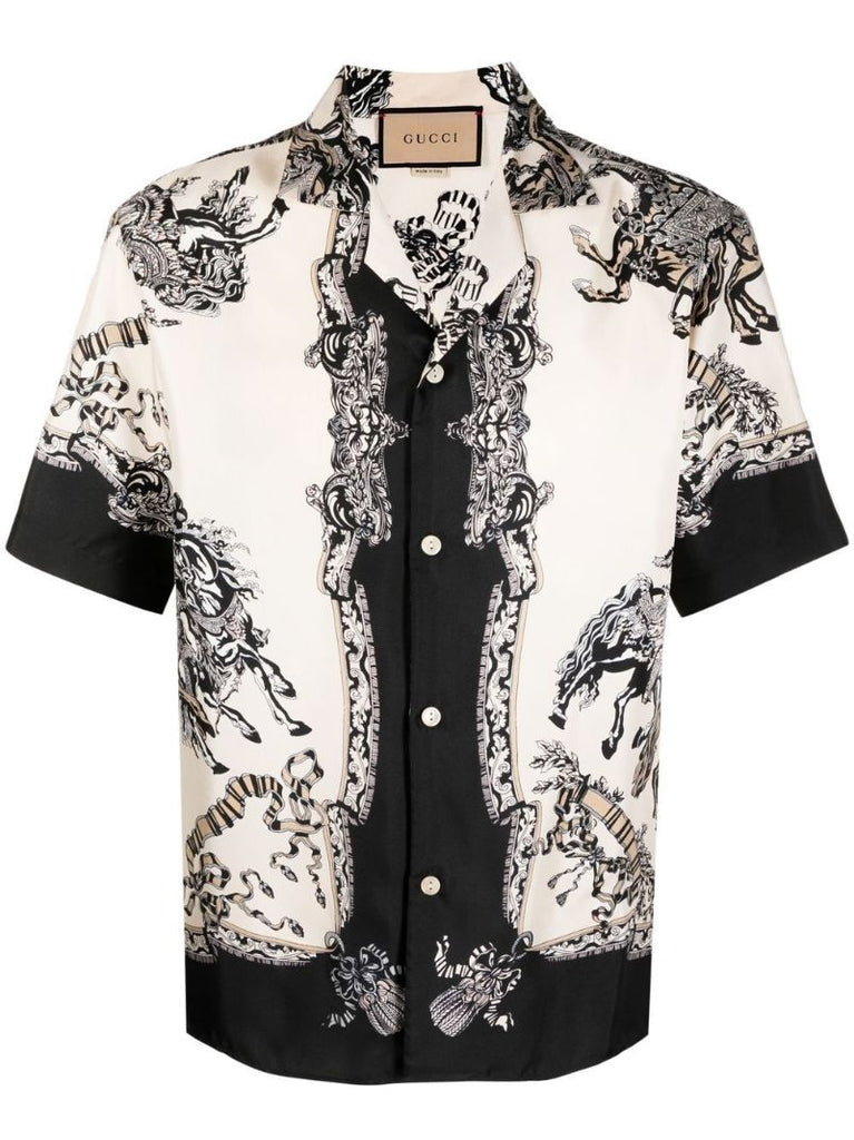 White and Black Graphic Print Bowling Shirt