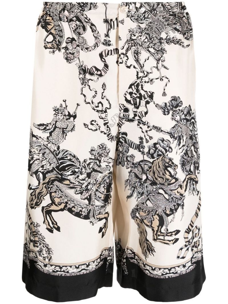 White and Black Graphic Print Silk Shorts