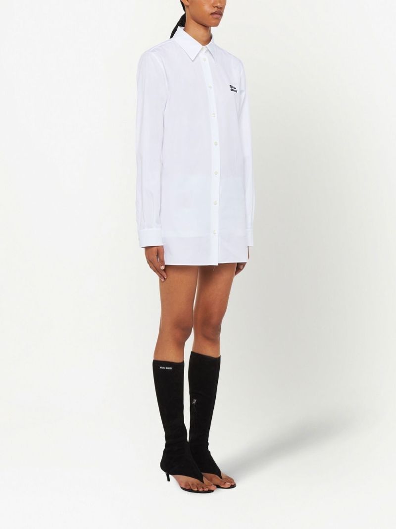 White Logo Embroidered Longline Shirt