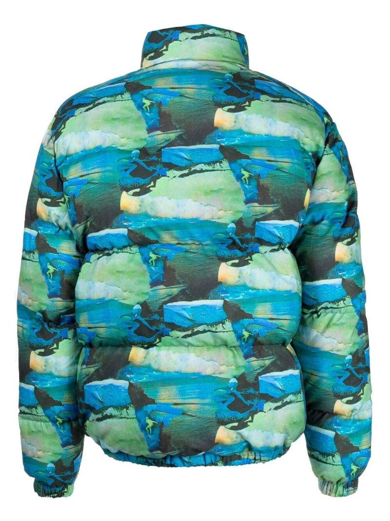 Blue Abstract Print Puffer Jacket