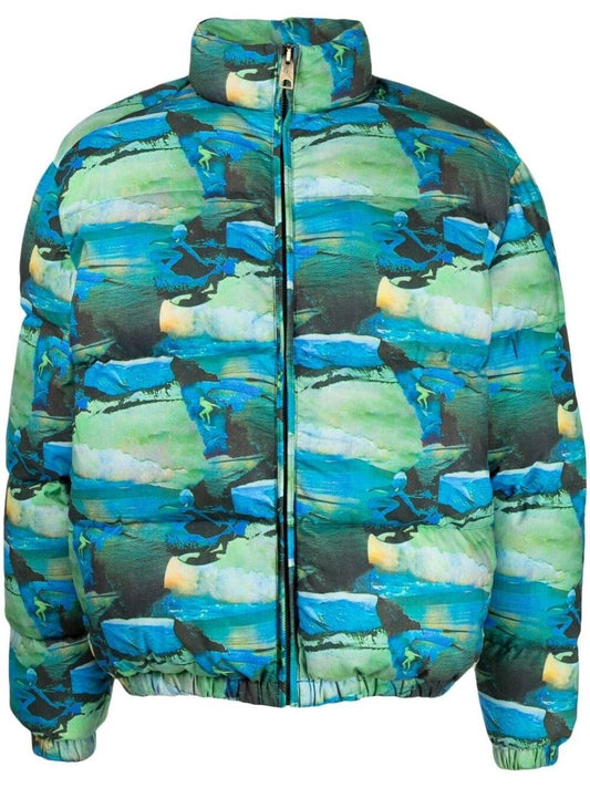 Blue Abstract Print Puffer Jacket